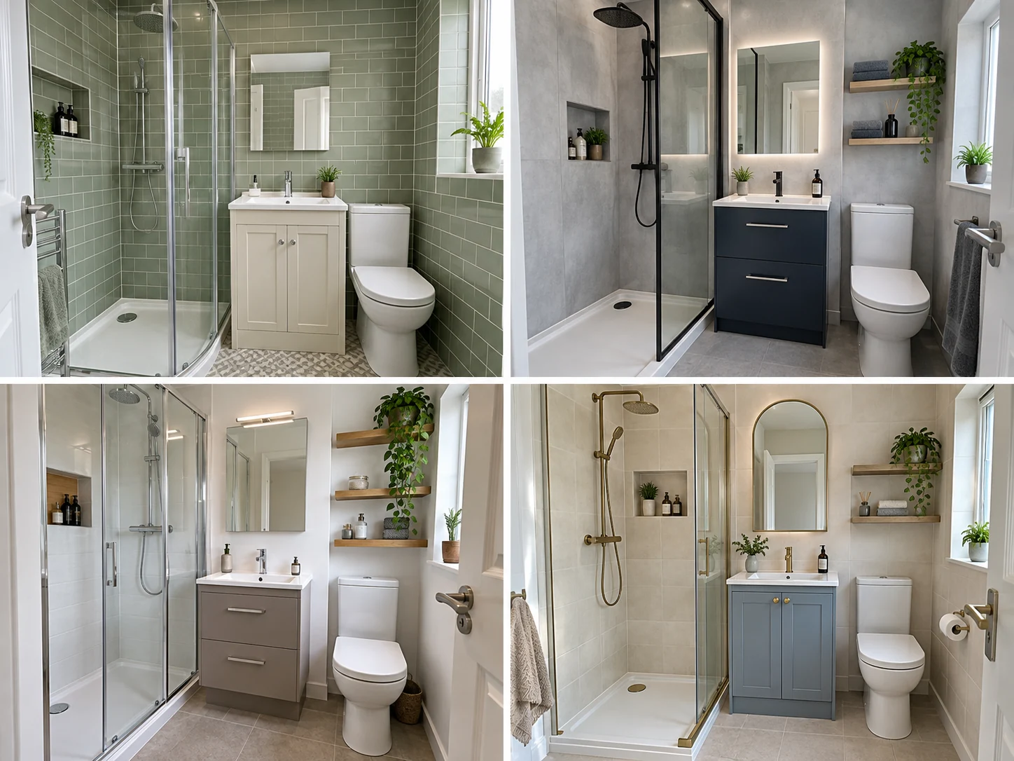 Compact shower room with sage tiled walls, cream vanity, chrome fittings